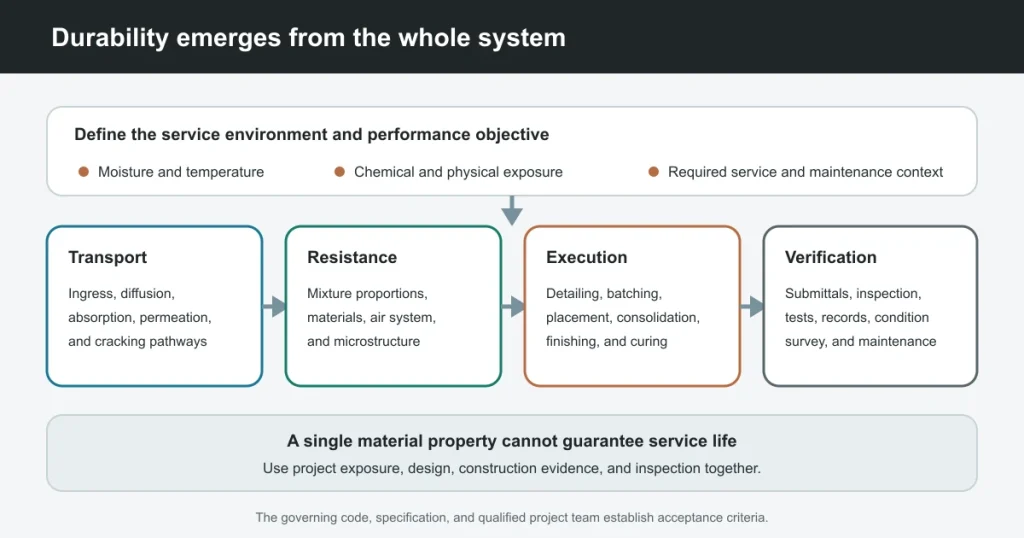 Concrete Durability: Exposure, Transport, Materials, and Execution